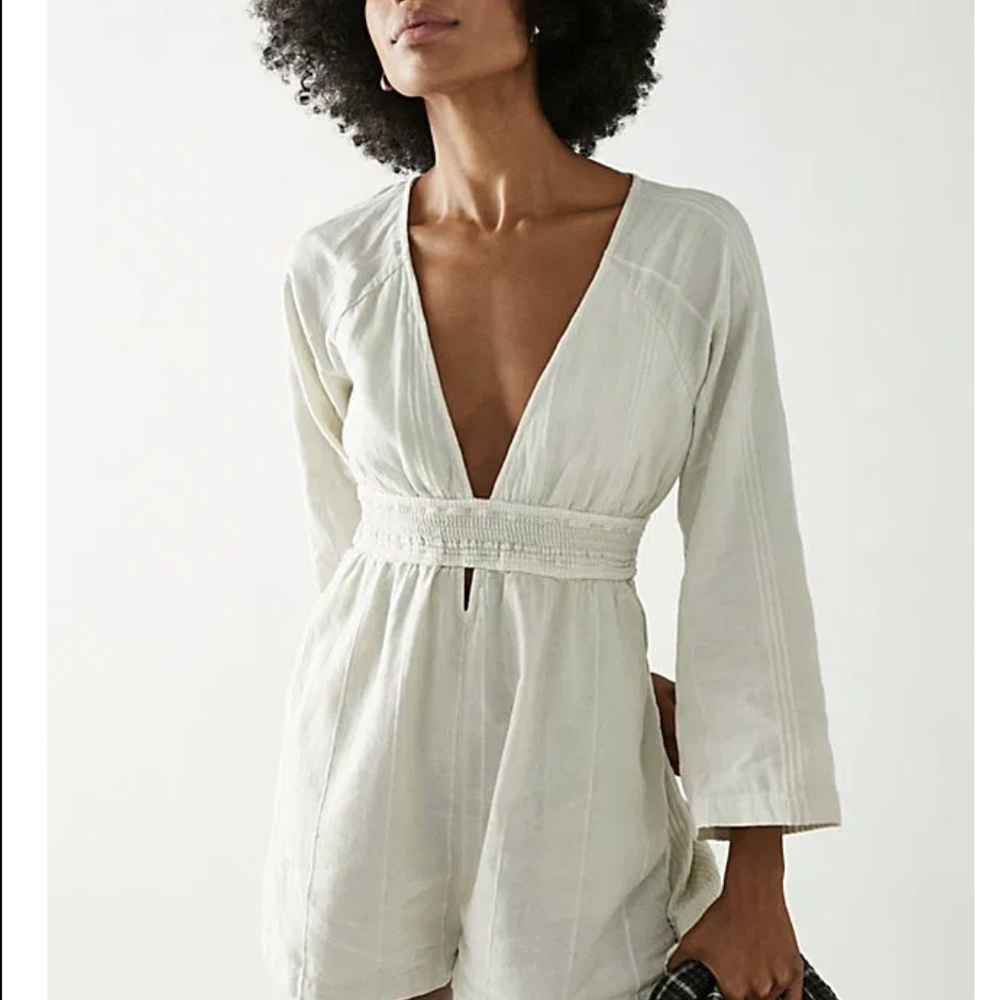 Free People Cream Jumpsuit with Deep V-Neck